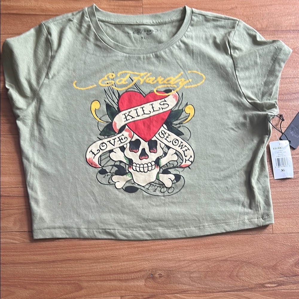 Ed Hardy Olive Skull Graphic Crop Top
